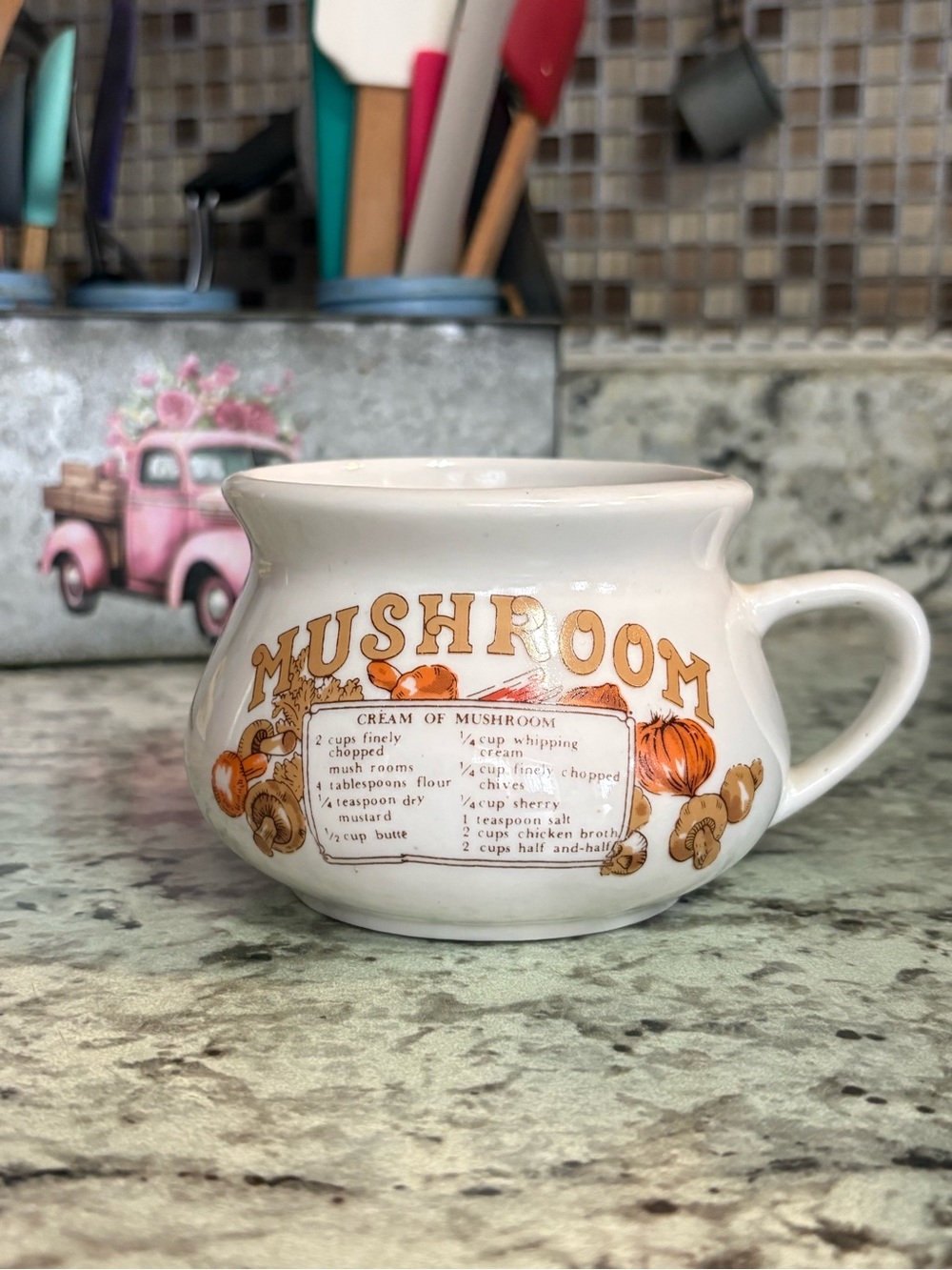 Cream of Mushroom Recipe Ceramic Serving Mug - White and Brown